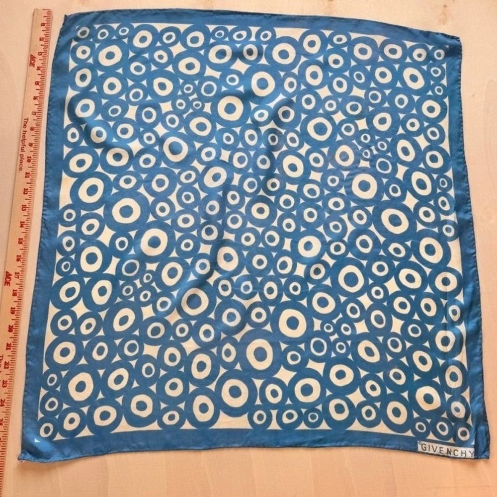 Givenchy Vintage Silk Scarf Blue White Geometric Circle Print Square 22x22